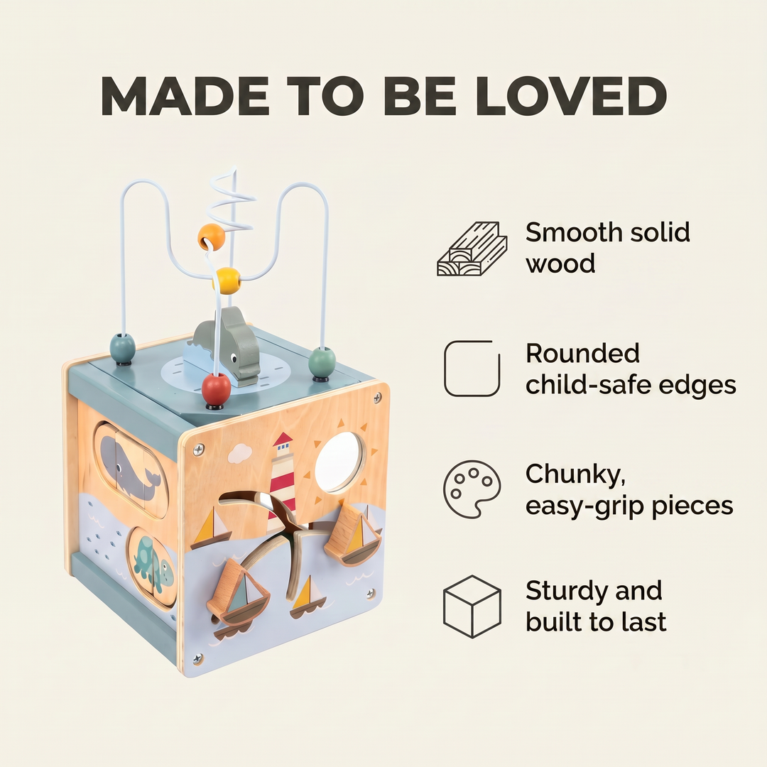Wooden 5-in-1 Activity Cube for Toddlers — materials and safety details