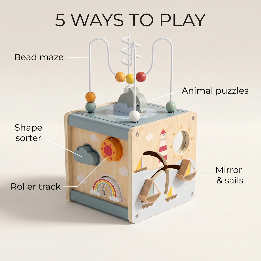 Wooden 5-in-1 Activity Cube for Toddlers — shown clearly