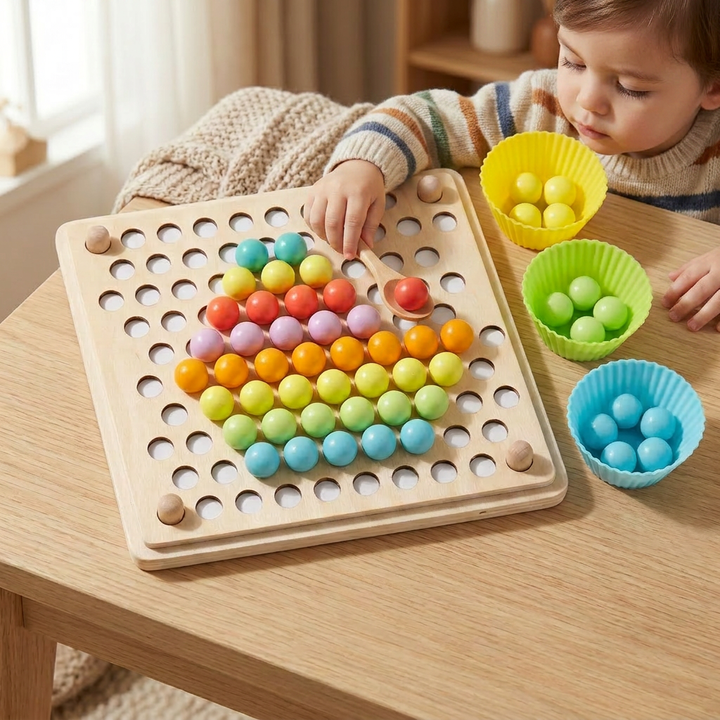 A toddler using a wooden tool to place rainbow beads on the pegboard, with cups of beads beside them