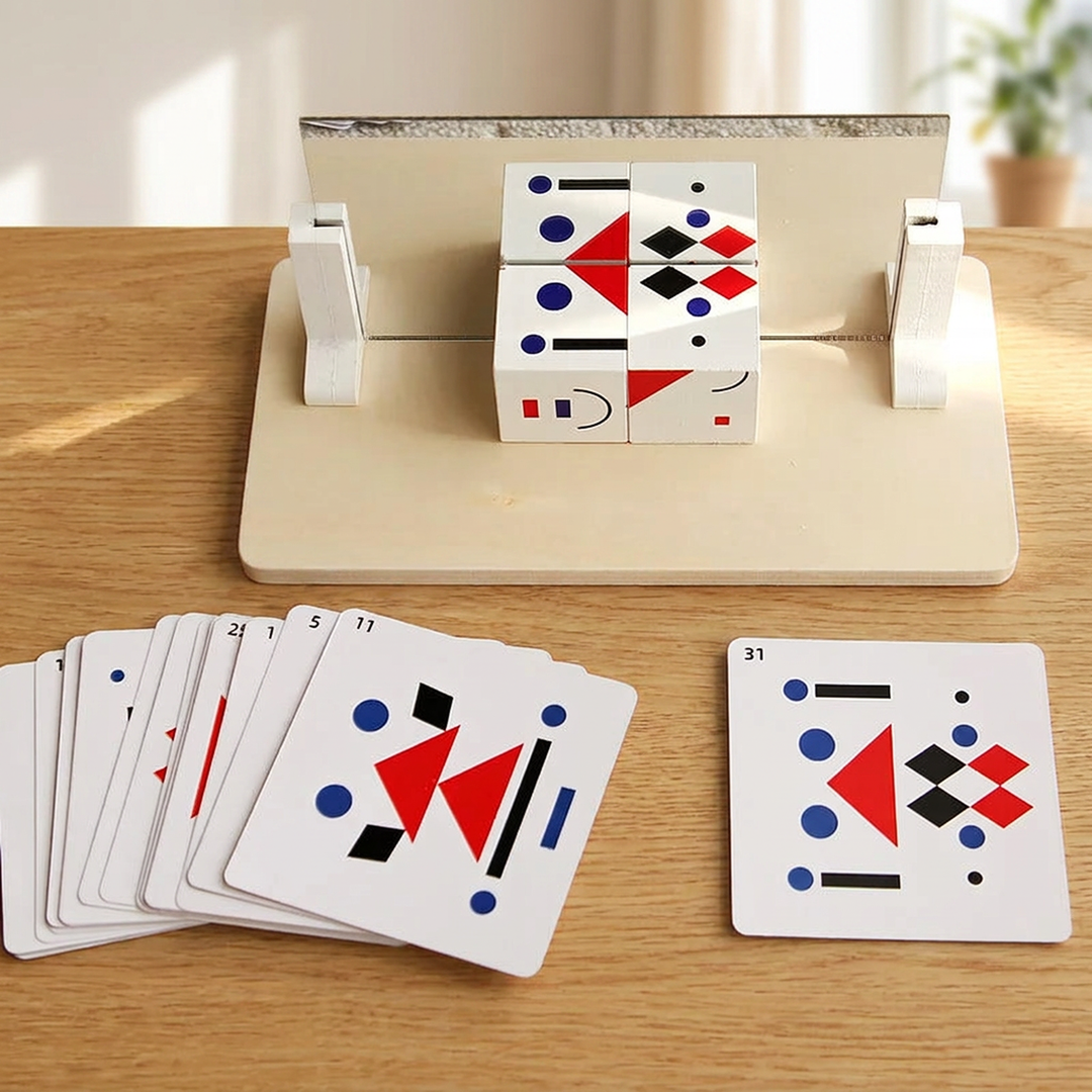 Pattern cubes version set up on a light oak table with the pattern card deck beside it