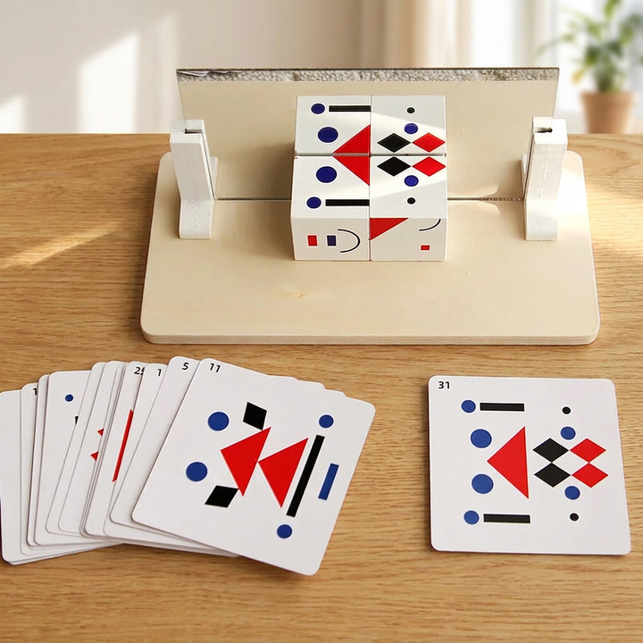 Pattern cubes version set up on a light oak table with the pattern card deck beside it