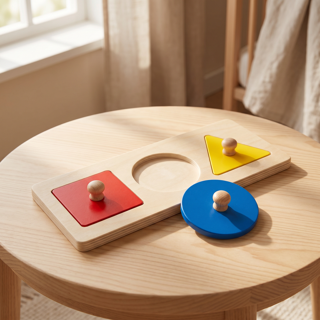 Wooden Shape &amp; Color Puzzle Board — set up on a table in a sunlit room