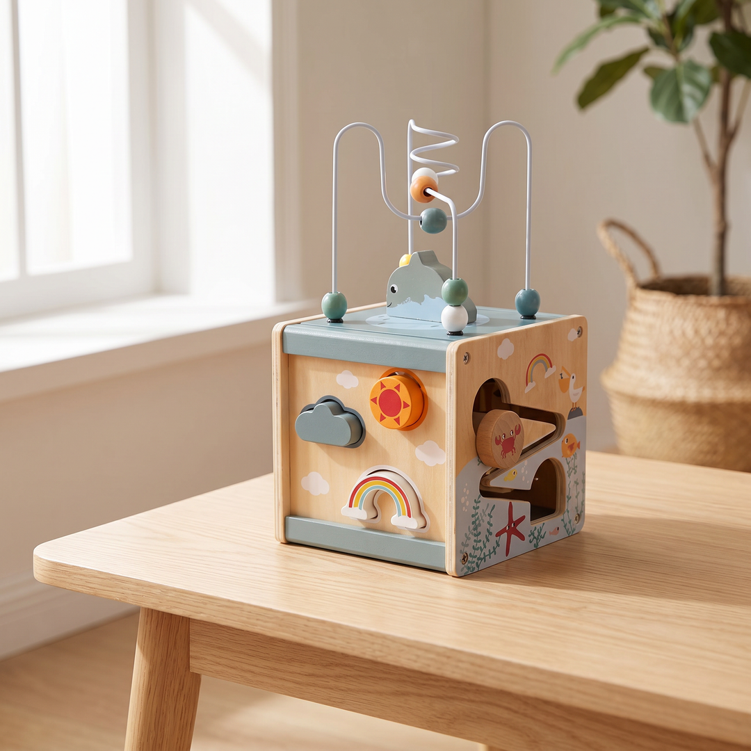Wooden 5-in-1 Activity Cube for Toddlers — set up on a table in a sunlit room