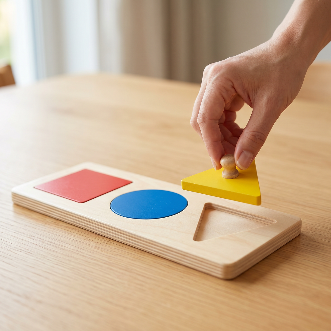 Wooden Shape &amp; Color Puzzle Board — a child playing with it