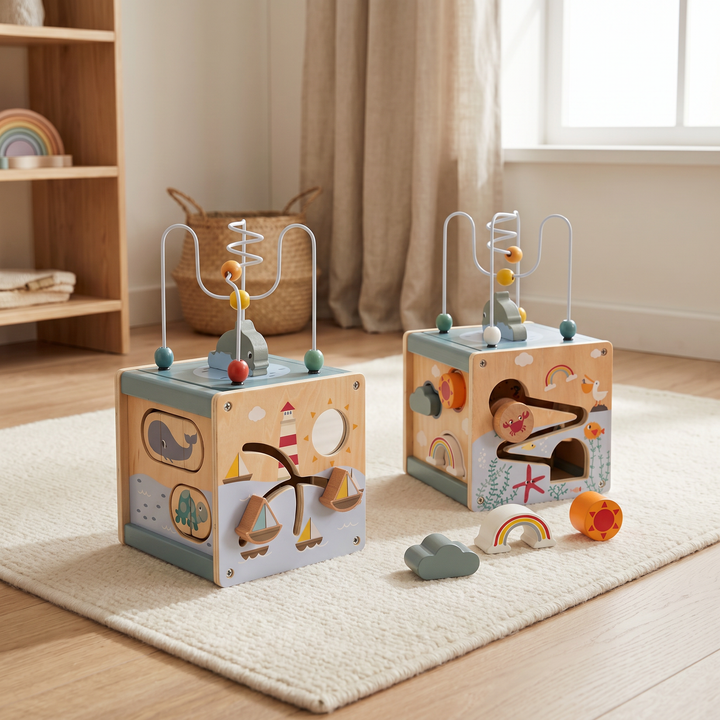 Wooden 5-in-1 Activity Cube for Toddlers — set up on a table in a sunlit room