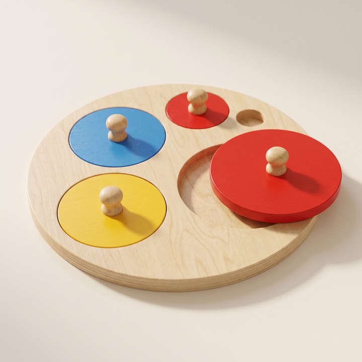 Wooden Shape &amp; Color Puzzle Board — close-up of the wooden pieces