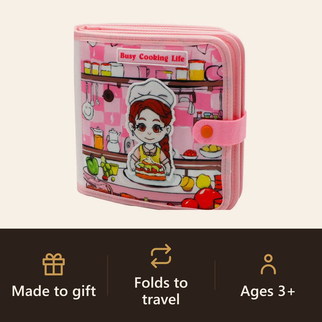 A soft cloth cooking busy book that makes a lasting, screen-free travel gift