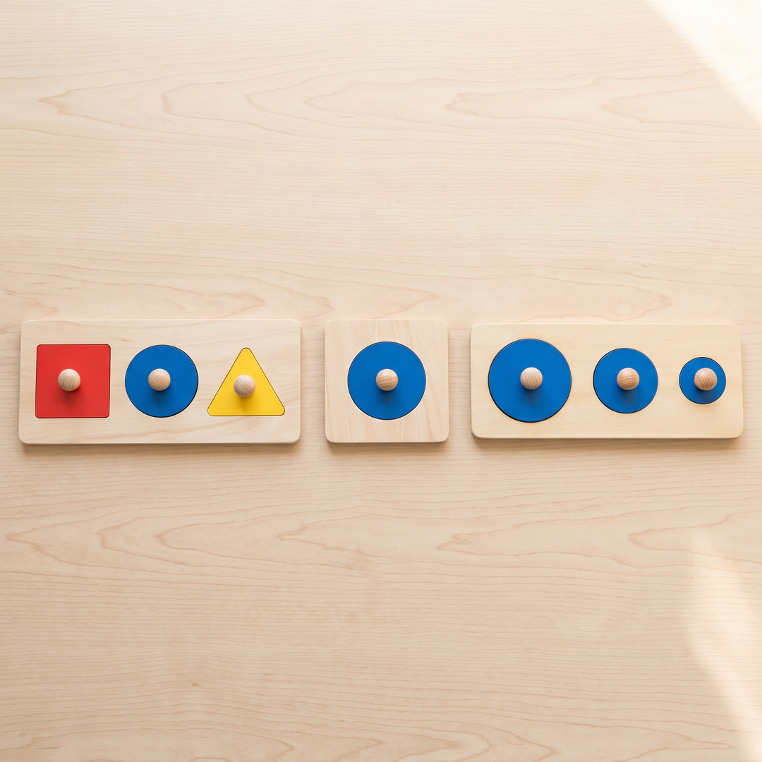 Wooden Shape &amp; Color Puzzle Board — all the pieces laid out