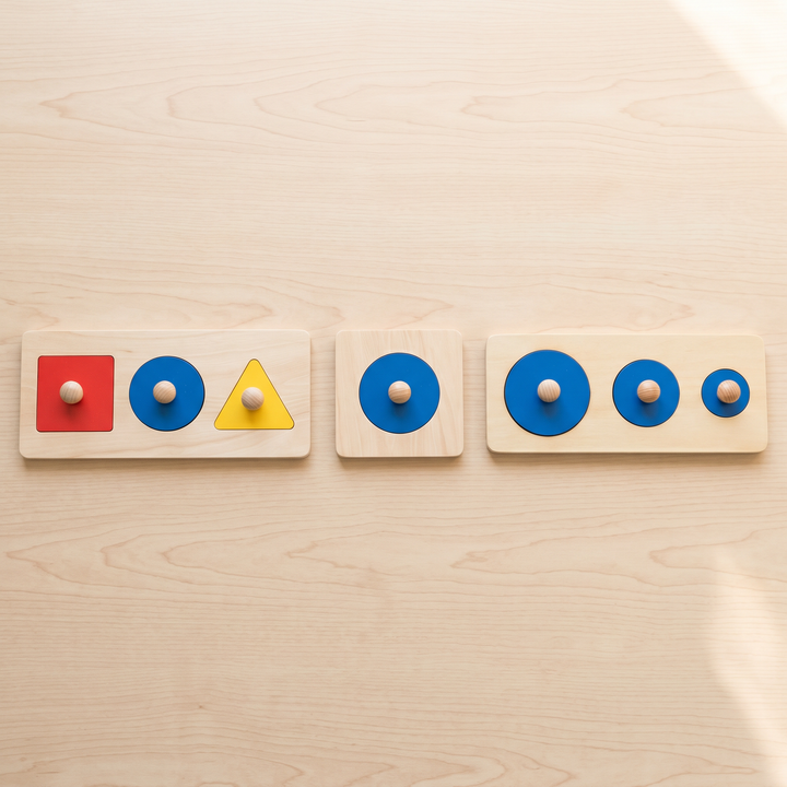 Wooden Shape &amp; Color Puzzle Board — all the pieces laid out