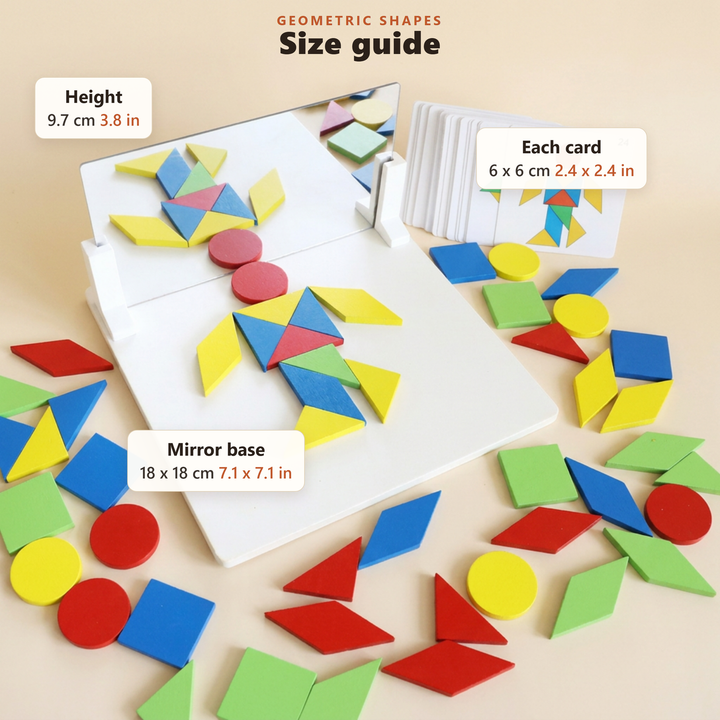 Size guide, Geometric shapes: base 18 x 18 cm (7.1 x 7.1 in), height 9.7 cm (3.8 in), each card 6 x 6 cm (2.4 x 2.4 in)