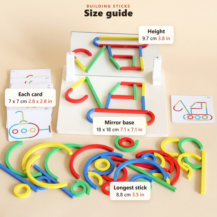 Size guide, Building sticks: base 18 x 18 cm (7.1 x 7.1 in), height 9.7 cm (3.8 in), each card 7 x 7 cm (2.8 x 2.8 in), longest stick 8.8 cm (3.5 in)