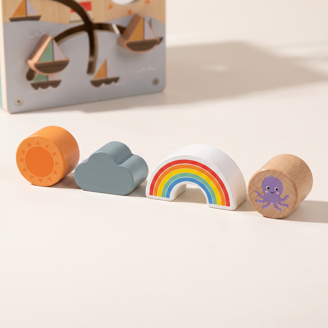Wooden 5-in-1 Activity Cube for Toddlers — close-up of the wooden pieces