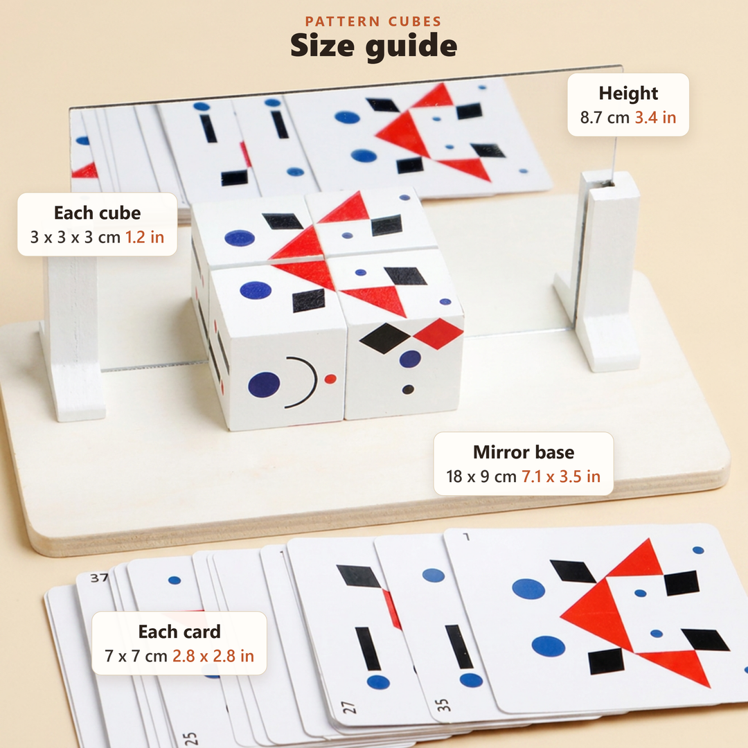 Size guide, Pattern cubes: base 18 x 9 cm (7.1 x 3.5 in), height 8.7 cm (3.4 in), each cube 3 x 3 x 3 cm (1.2 in), each card 7 x 7 cm (2.8 x 2.8 in)