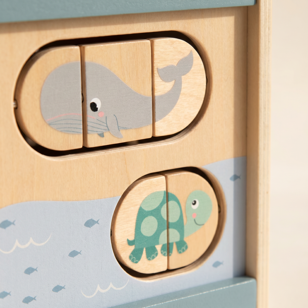 Wooden 5-in-1 Activity Cube for Toddlers — close-up of the wooden pieces