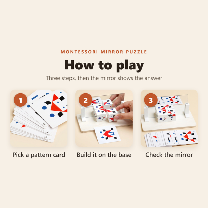 How to play in three steps: pick a pattern card, build it on the base, check the mirror