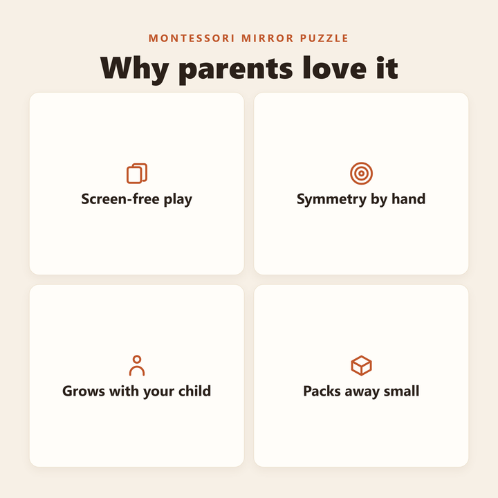 Why parents love it: screen-free play, symmetry learned by hand, grows with your child, packs away small