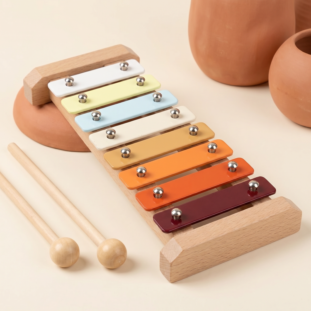 Close-up of the eight colorful xylophone bars and metal strikers