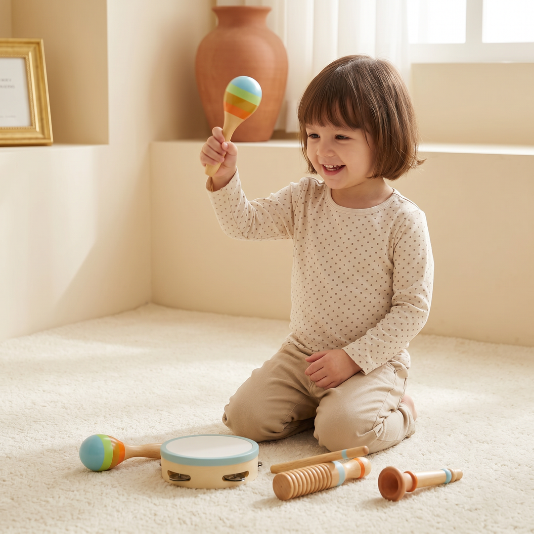 A happy child shaking a wooden maraca from the set