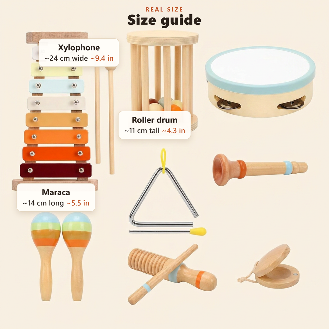 Size guide in cm and inches for the xylophone, roller drum and maraca