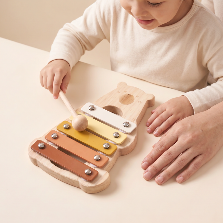 A parent and young child tapping the wooden bear xylophone together with the mallet