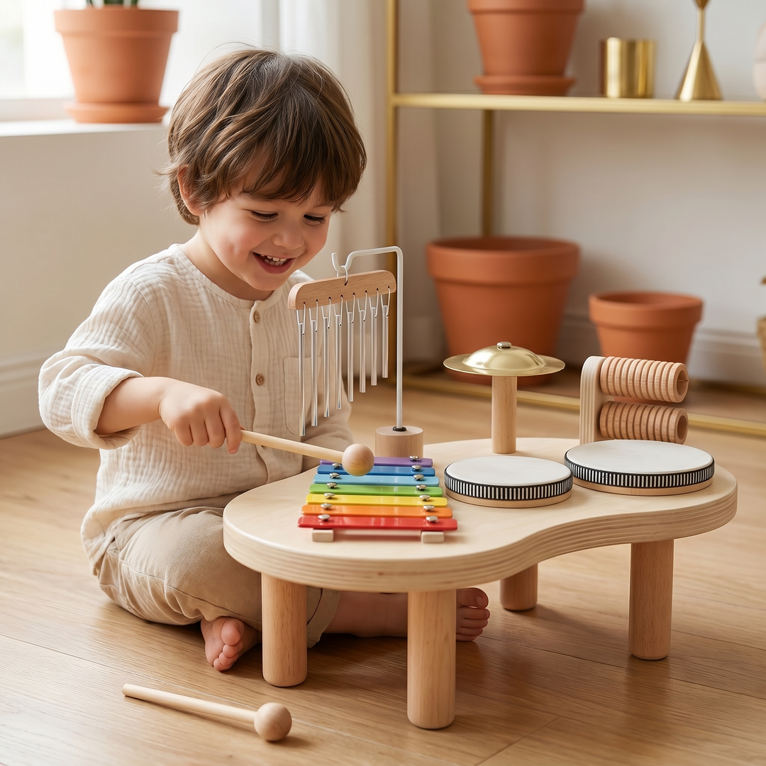 A young child striking the rainbow xylophone on the wooden music table