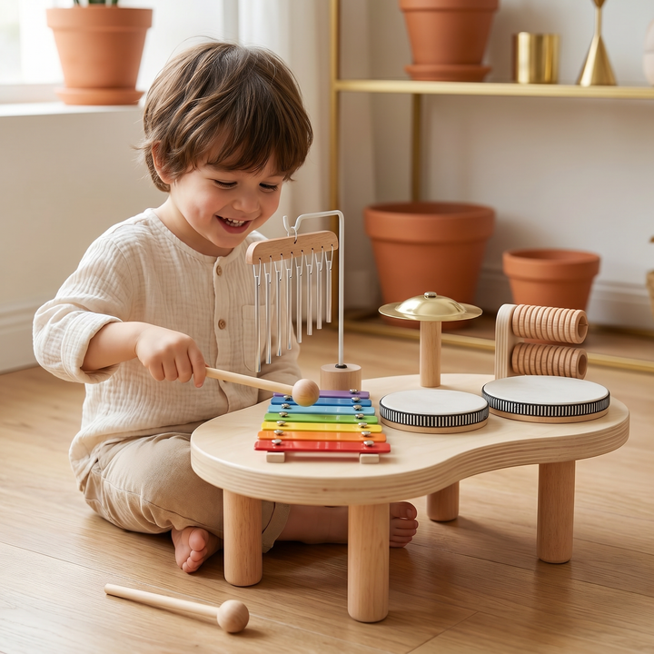 A young child striking the rainbow xylophone on the wooden music table