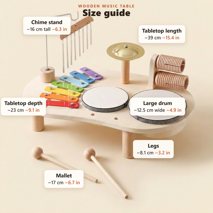 Size guide - approximate tabletop, chime stand, drum, leg and mallet measurements in cm and inches