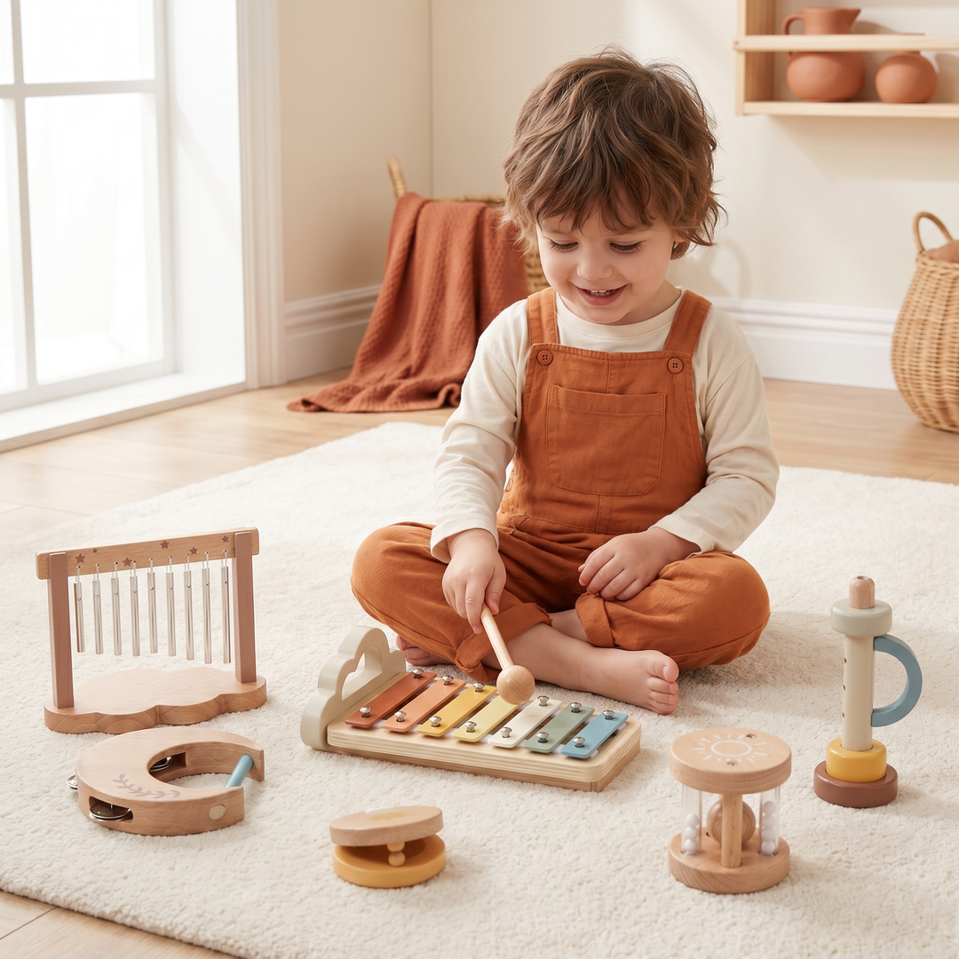 A happy child tapping the wooden cloud xylophone with the mallet beside the chime frame, moon tambourine, sun rattle, castanet and whistle