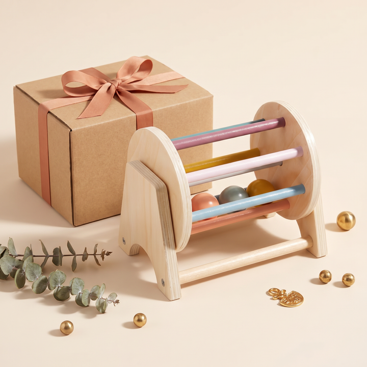 Wooden spinning drum styled as a gift with a kraft box and ribbon.