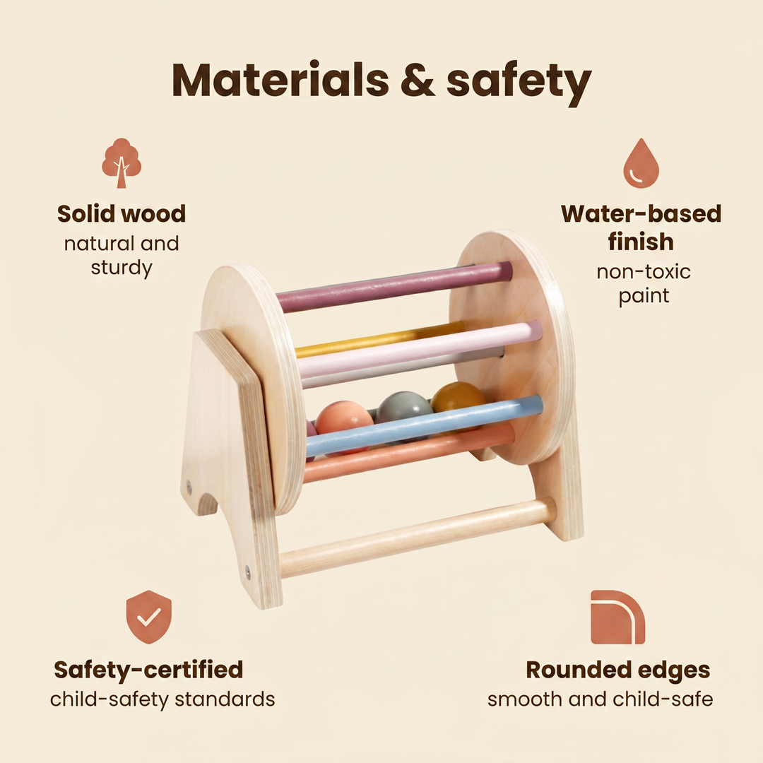 Materials and safety: solid wood, water-based non-toxic finish, safety-certified, rounded edges.