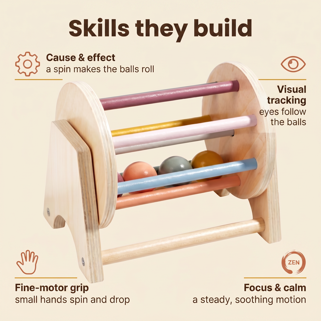 Skills it builds: cause and effect, visual tracking, fine-motor grip, focus and calm.