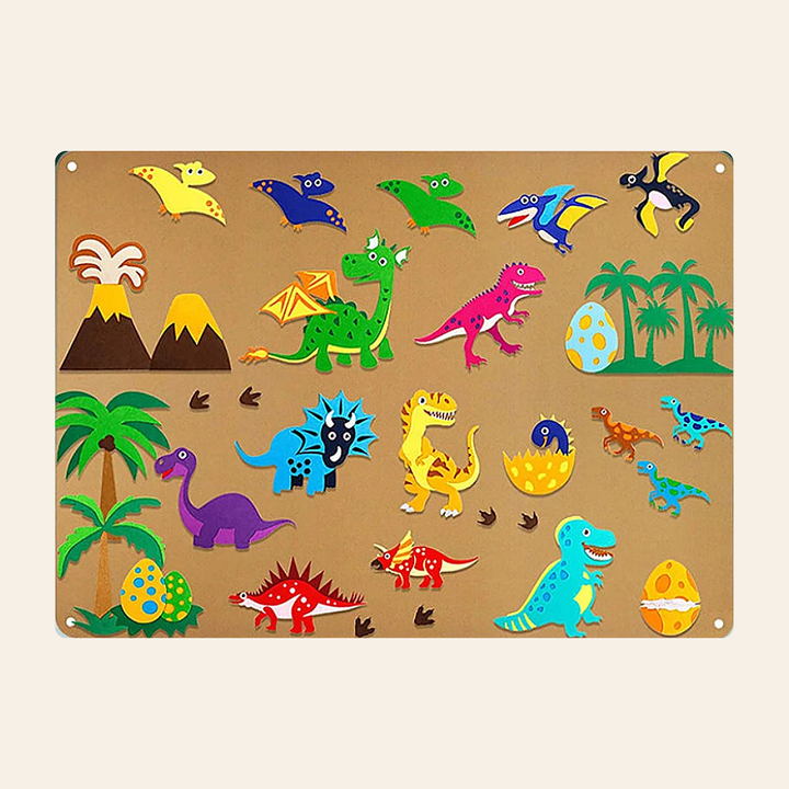 Sand-colored felt dinosaur story board with detachable felt dinosaurs, volcano and palm trees