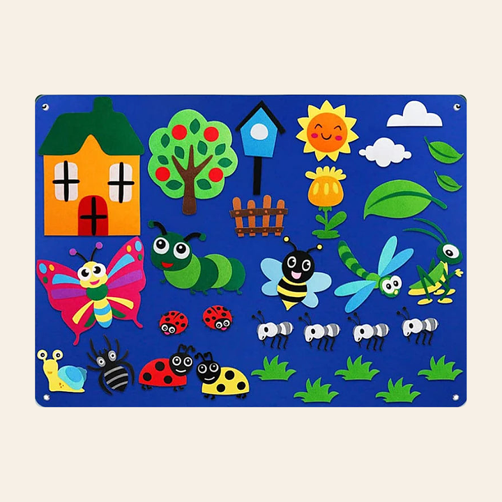Royal-blue felt insect garden story board with detachable felt bugs - butterfly, caterpillar, bee and ladybugs