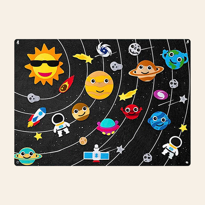 Black felt starry sky story board with detachable felt sun, planets, astronauts and rockets