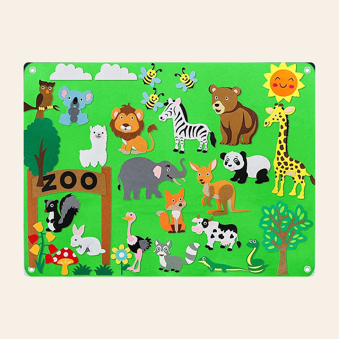 Green felt zoo story board with detachable felt zoo animals - lion, zebra, elephant, giraffe and panda