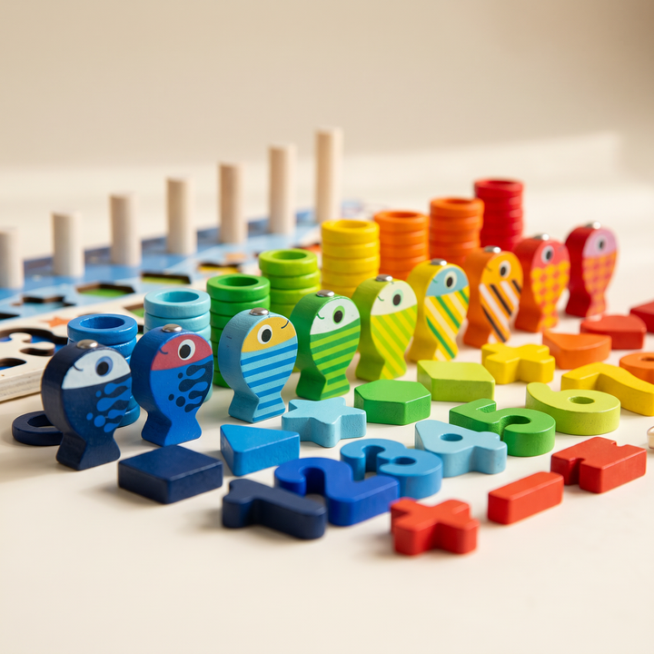 Wooden Counting &amp; Fishing Board — close-up of the wooden pieces