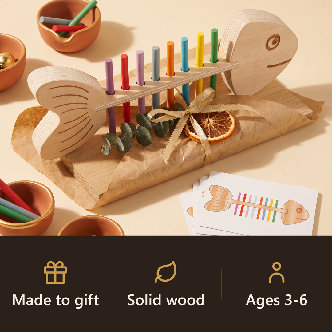A wooden fish color-matching toy that makes a lasting, screen-free gift