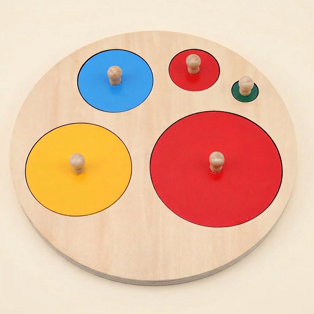 Wooden shape puzzle: round board with five graduated circles (default style)