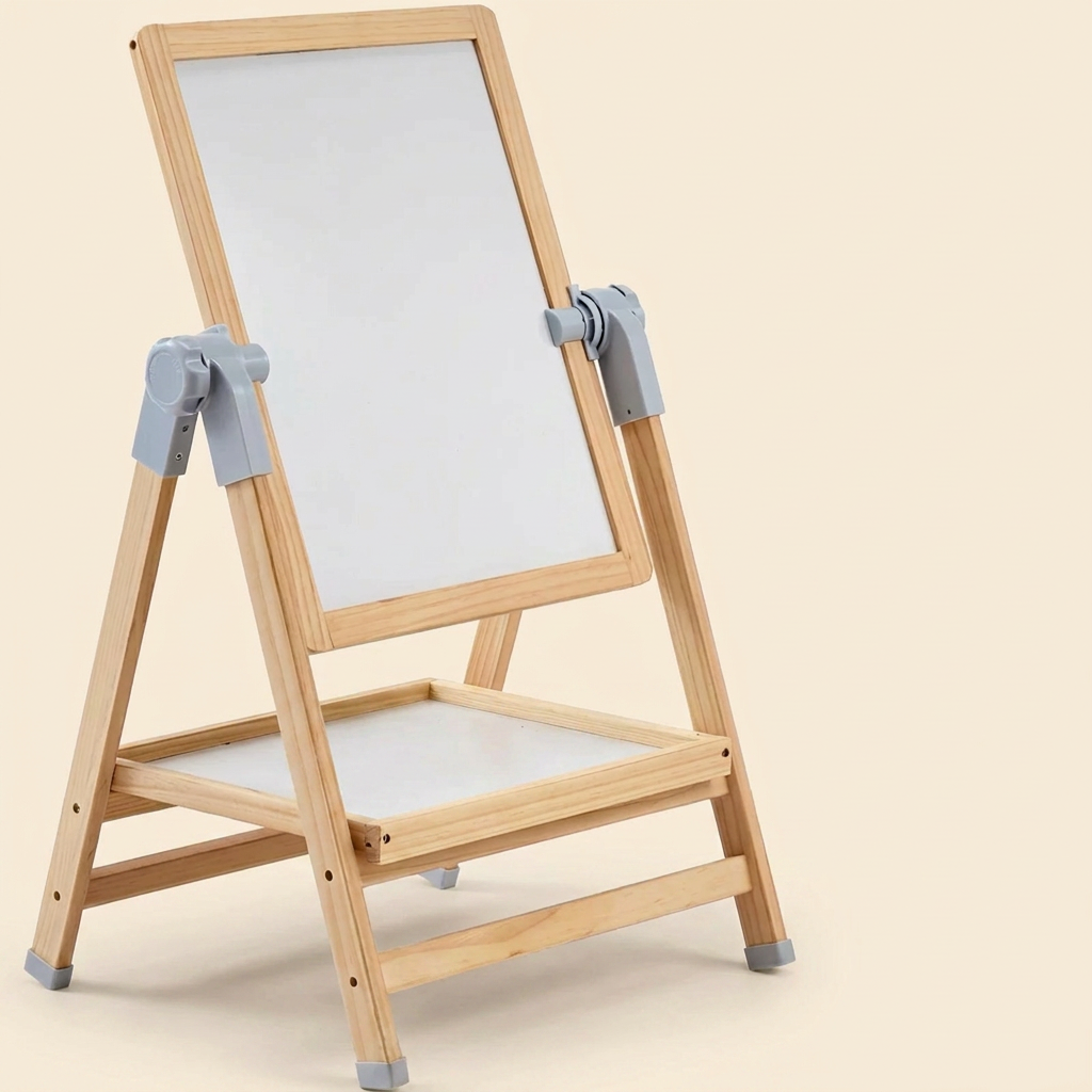 Wooden double-sided standing easel on warm cream - natural-pine frame with storage tray