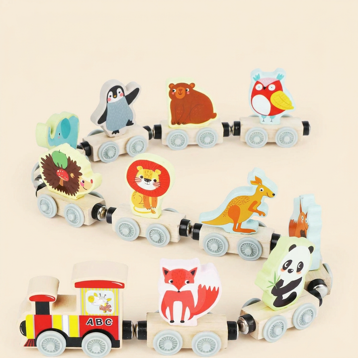 Magnetic wooden animal train on warm cream - ABC engine and ten painted animal cars