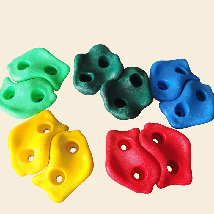 Kids rock climbing wall holds - 10 piece set in green, blue, yellow and red