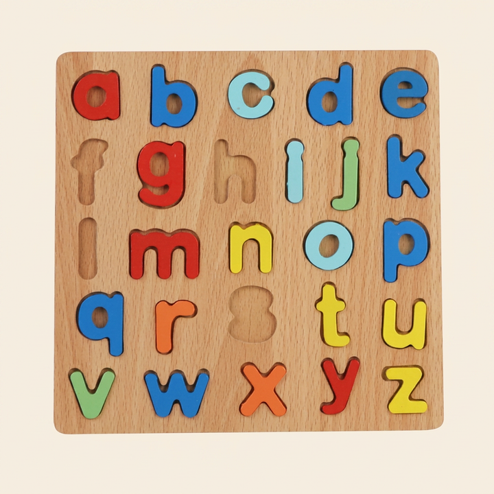 Wooden matching board on warm cream - chunky painted letter pieces seated in a solid beechwood board