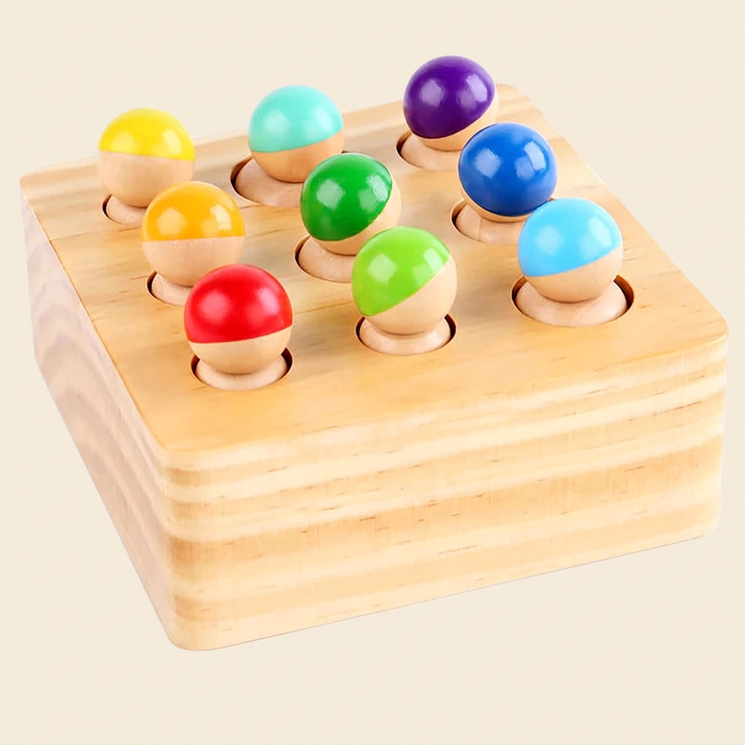 Montessori wooden peg board with nine rainbow peg people seated in a 3 by 3 grid on warm cream