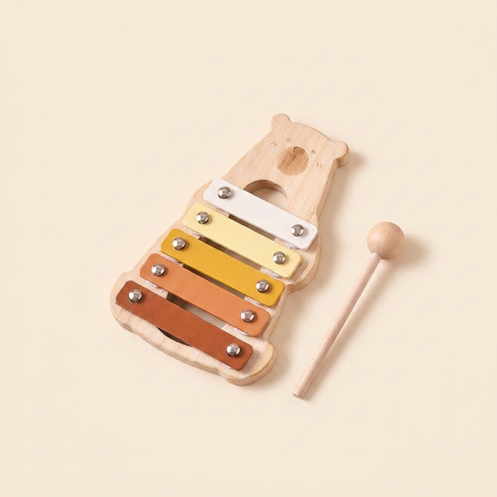 Wooden bear xylophone on warm cream - beechwood bear frame with five colour bars and a wooden mallet
