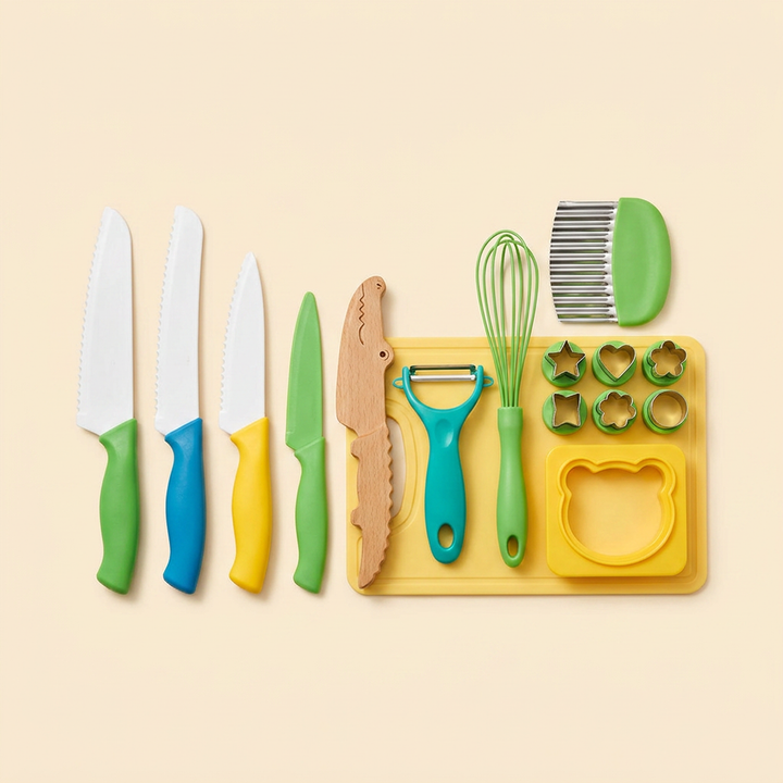 Kids real-cooking tools set on warm cream - safe knives, beechwood knife, peeler, whisk, crinkle cutter, shape cutters and board