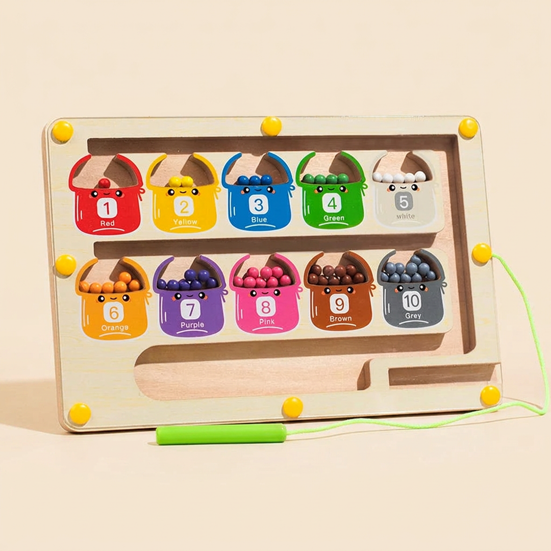 Wooden magnetic bead maze on warm cream - ten colored numbered wells from 1 to 10 with a green magnet pen