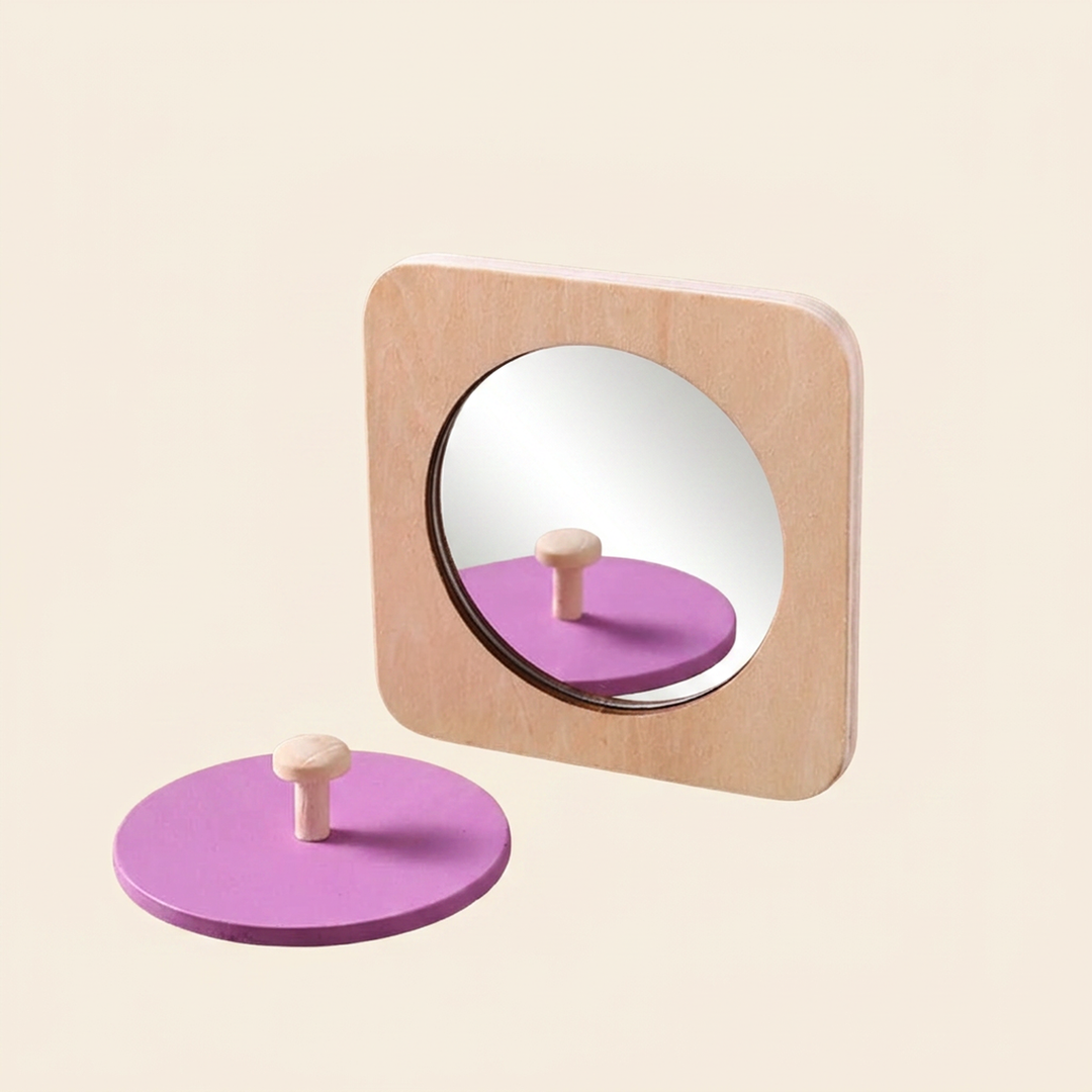 Montessori mirror peekaboo knob puzzle on warm cream - birch board, round mirror and a purple knob disc