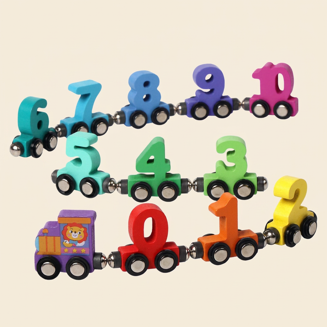Wooden magnetic number train on warm cream - a purple lion engine pulling the colored wooden numbers 0 through 10