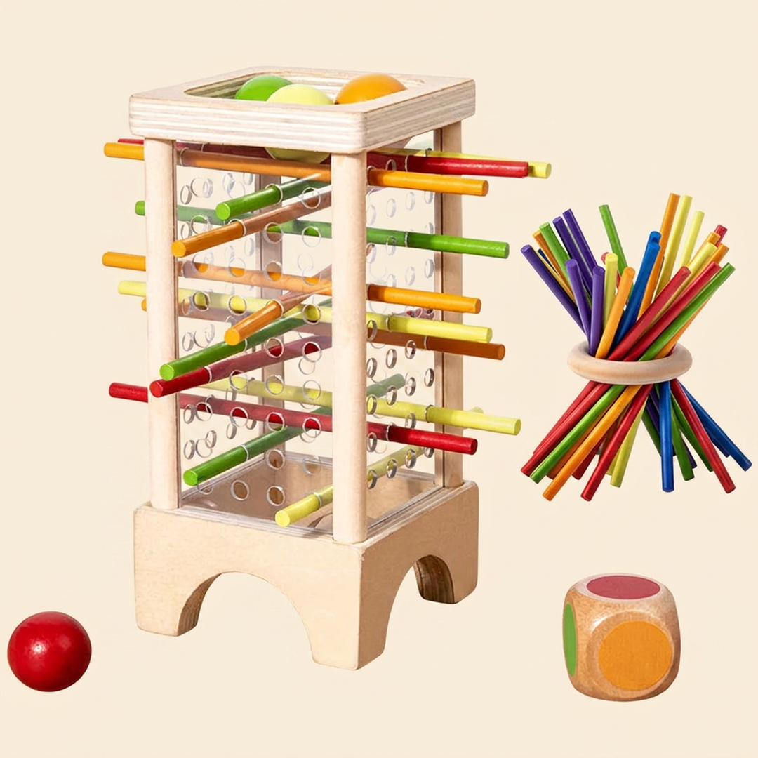 Wooden stick-drop tower game on warm cream - clear acrylic tower, rainbow sticks, wooden balls and a color dice