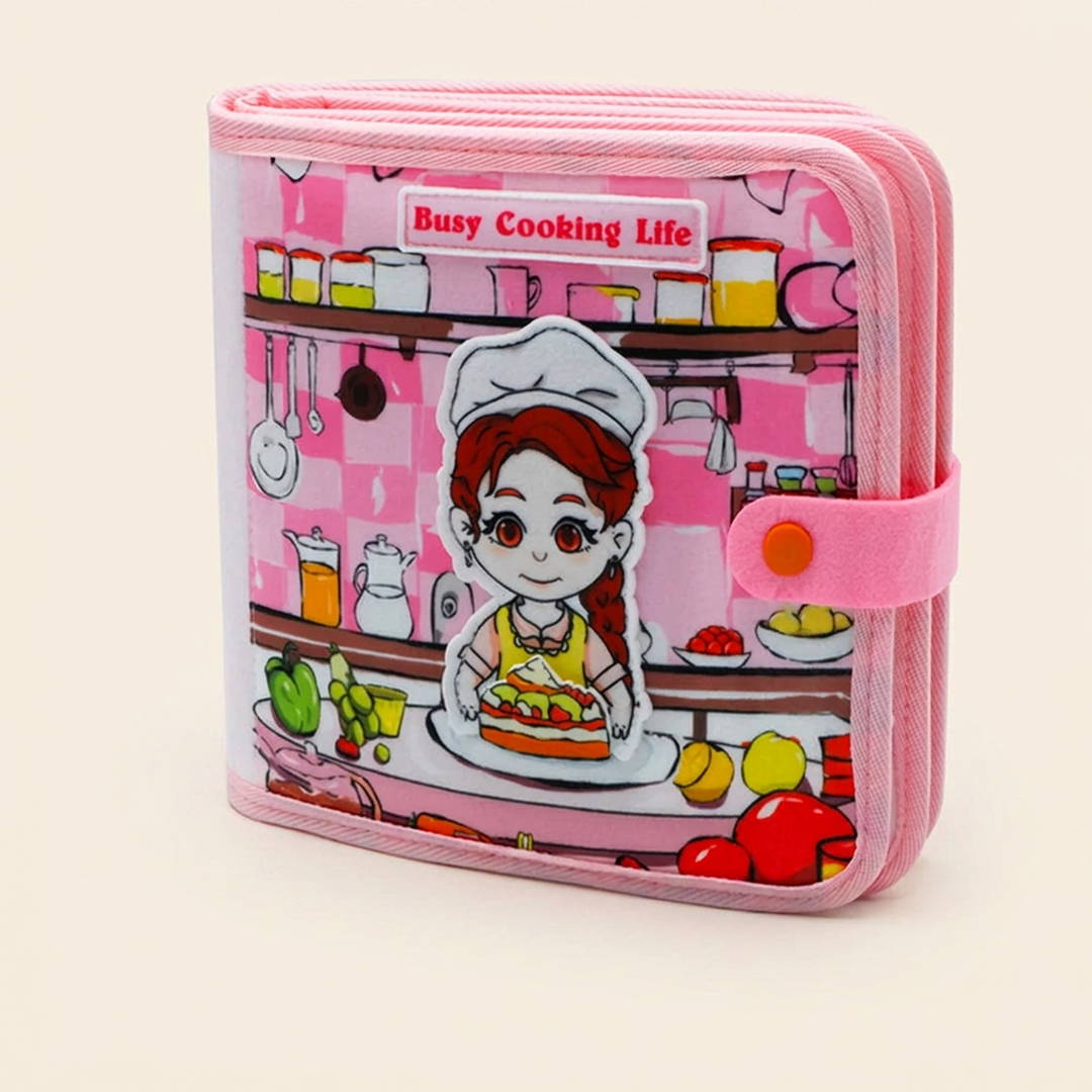Soft pink cloth cooking busy book on warm cream - folded closed with its chef-girl cover and carry strap